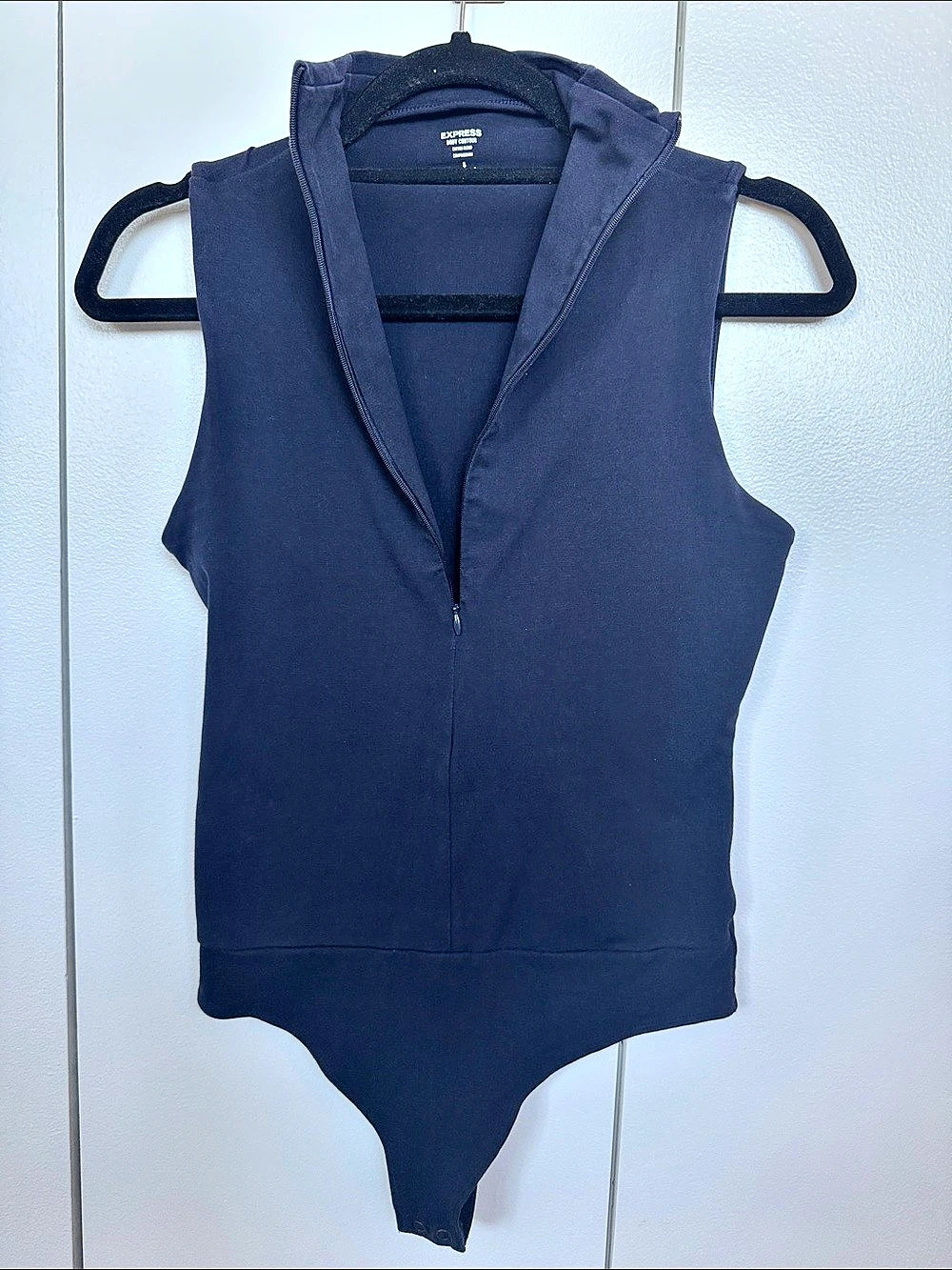 Express Body Contour Stretch Cotton Quarter Zip Bodysuit Blue Small